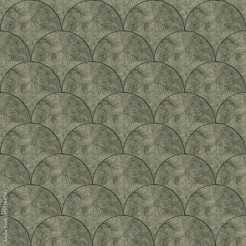 Olive Green Geometric Arches with Hand-Drawn Line Texture Seamless Pattern