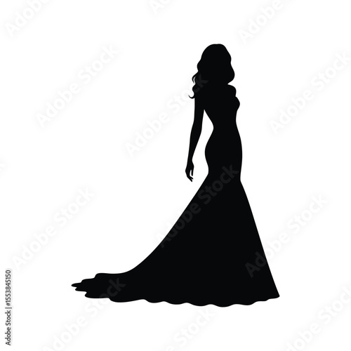 Elegant Woman in Long Gown Silhouette Black and White Vector Illustration Fashion Design Formal Dress