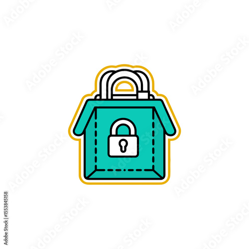 Loot box shaped keychain with lock in modern graphic style  