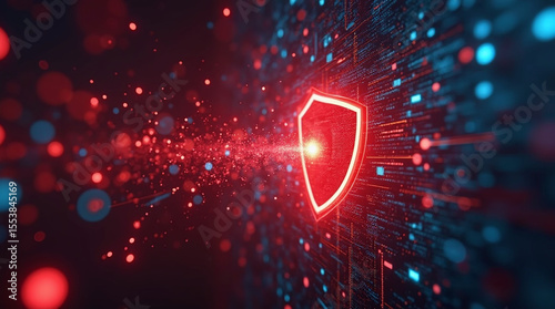 glowing shield resisting digital attack, red warning symbols bouncing off, cyber threat protection visualization