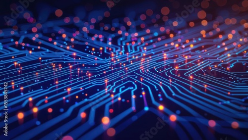 Abstract glowing blue circuit board pathways with vibrant orange and red light particles creating a futuristic digital network
