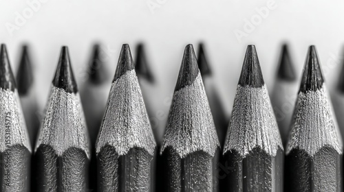 Sharp graphite pencils lined up closely on a white background, detailed closeup