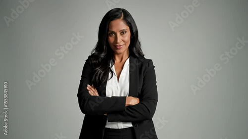 A woman in a black suit stands confidently with arms crossed