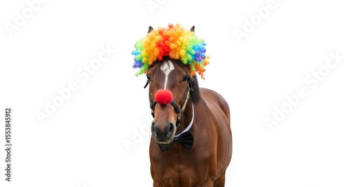 A horse dressed as a clown with a colorful wig, red nose, and bow tie. Humorous and surreal animal portrait on white background