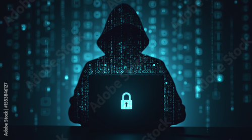 hacker silhouette behind digital firewall, lock symbol protecting system, dark background, binary code overlay