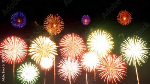 Night sky fireworks display; large bursts, smaller bursts below; celebration