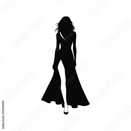Elegant Woman Silhouette in Flowing Gown Fashion Model Black Dress Vector Graphic