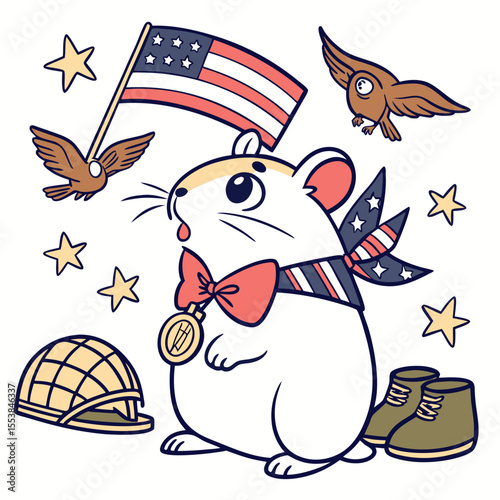 Cute SVG of a Playful Hamster in Brave Honor colors, featuring wearing a bowtie in a Veterans Day setting