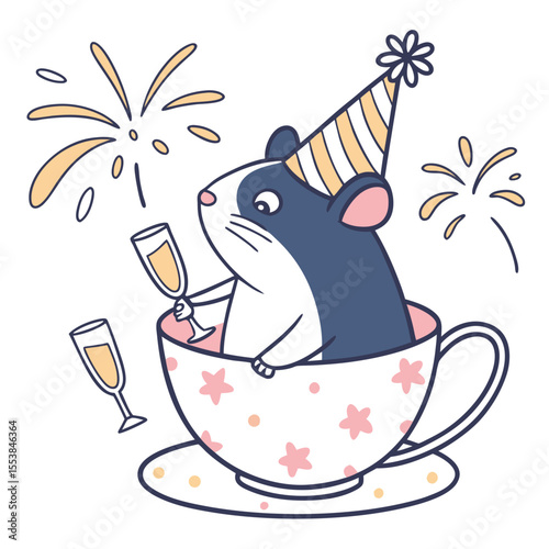 Playful Content Hamster design, styled with in a teacup and Midnight Sparkle shades in a New Year celebration setting