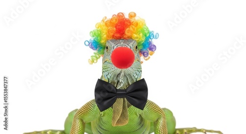 A iguana dressed as a clown with a colorful wig, red nose, and bow tie. Humorous and surreal animal portrait on white background