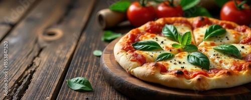 Artisan Italian pizzas, rustic wooden table setting, margarita, mushroom, peppers