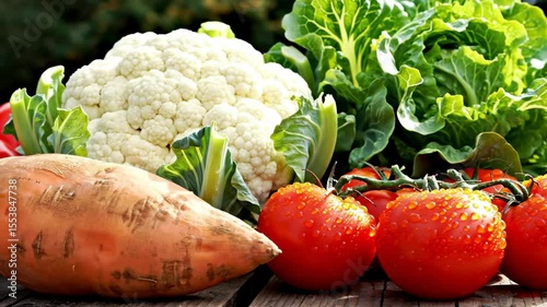 Cauliflower lettuce sweet potato  tomatoes with dew drops on the tomatoes arranged on wooden planks