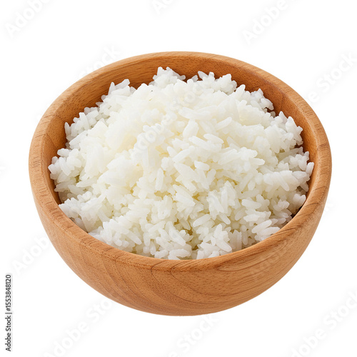 cooked rice in wooden bowl isolated on white background 