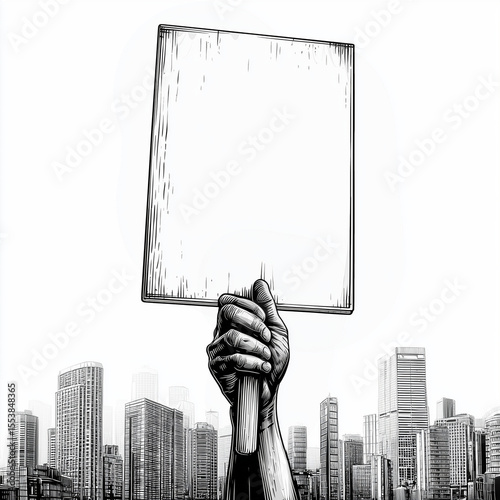 Hand holding blank protest sign in urban environment for Human Rights Day  