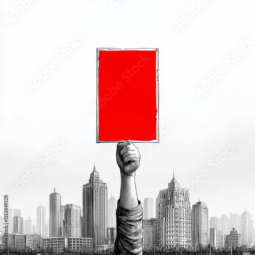 Raised hand holding a red protest sign in urban cityscape  