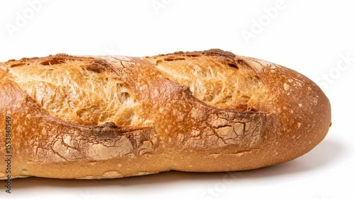 Closeup of a goldenbrown loaf of bread displaying a cracked crust and soft texture on a white background