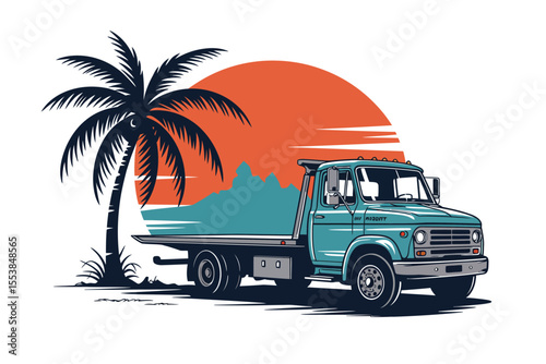 Retro Tow Truck Illustration – Turquoise Flatbed with Palm Tree and Sunset Mountain Scene
