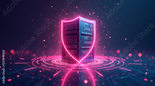 neon digital firewall visualized as forcefield around server tower, data streams repelled by shield, cyber security metaphor