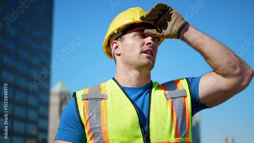Construction worker in hard hat vest shields eyes outdoors on sunny day near buildings