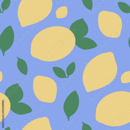 Seamless Lemon Pattern with Green Leaves on Blue Background – Bright Citrus Fruit Design for Fabric, Packaging and Summer Projects