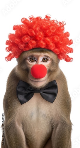 A monkey dressed as a clown with a colorful wig, red nose, and bow tie. Humorous and surreal animal portrait on white background