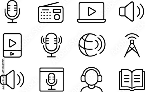 Icon set representing various audio and media-related concepts for digital communication and entertainment