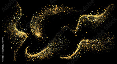 Vector Abstract Shiny Gold Glitter Swirl design element. For New Year, Merry Christmas, Birthday and Wedding greeting card and invitation. Luxury Background design