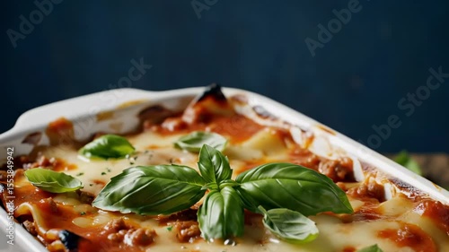 Lasagna in a white dish topped with basil leaves with a dark blue background