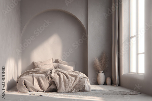serene bedroom featuring monochrome textiles and natural accents emphasizing minimalist design