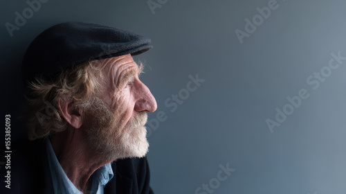 portrait of calm gamekeeper positioned on left side of frame