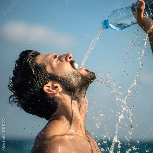 A young Middle-Eastern man with dark hair drinks water from a bottle at the beach. Water splashes around him under a clear blue sky.