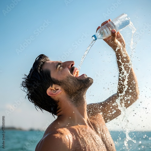 A young Caucasian man with dark hair drinks water from a bottle at the beach. He smiles joyfully as water splashes around him, capturing a refreshing summer moment.