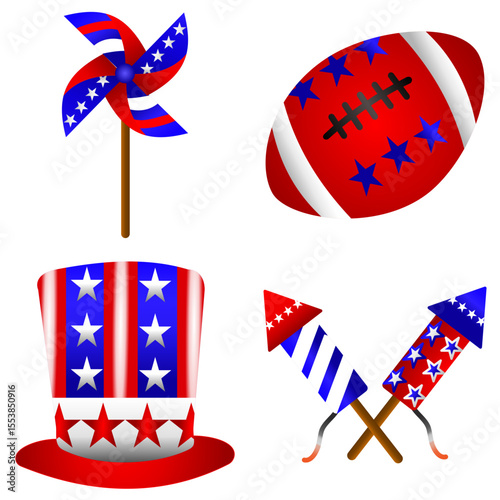 Independence Day USA Vector Icons Pack - Pinwheel,Uncle Sam Hat,Ball,Firework