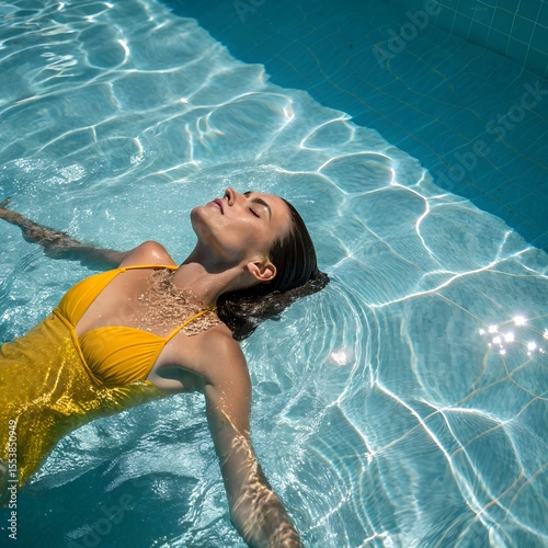 A young Caucasian woman with brown hair relaxes in a swimming pool, wearing a yellow swimsuit. Sunlight reflects off the water's surface, creating a serene atmosphere.