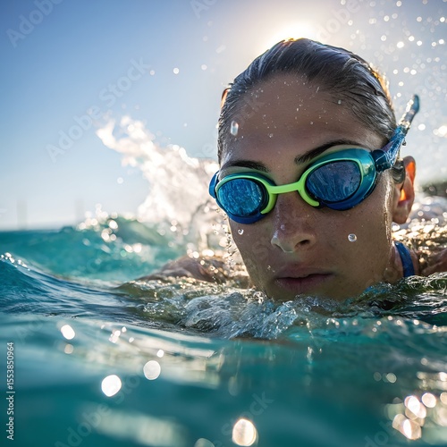 A young Hispanic woman swims in a pool, wearing blue and green goggles. Water splashes around her as she focuses on her stroke.