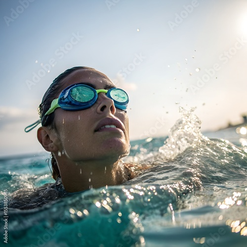 A young Hispanic woman swims in clear water, wearing blue swimming goggles. Sunlight reflects off the surface, creating a vibrant aquatic scene.