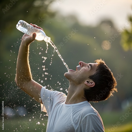 Young Caucasian man drinking water from a bottle outdoors. Water splashes around him in a sunny park setting. He appears refreshed and active.