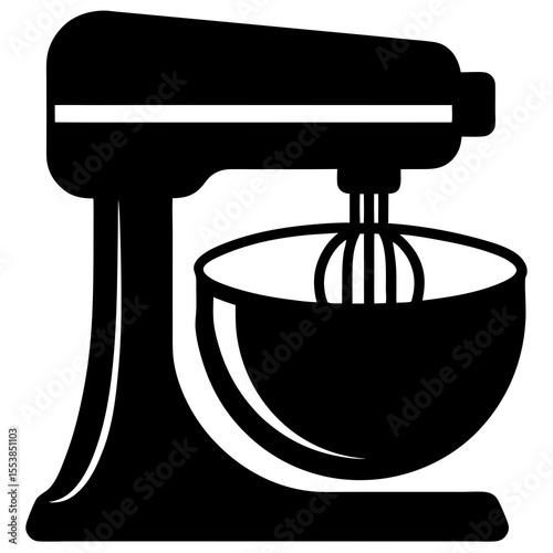Black silhouette of an electric stand mixer with mixing bowl and whisk attachment symbolizing kitchen appliance baking tool food preparation cooking equipment and culinary technology 