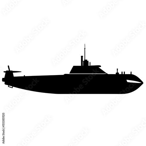 Black silhouette of a military submarine underwater vessel with periscope representing naval technology maritime defense stealth transport ocean exploration and underwater navigation concepts