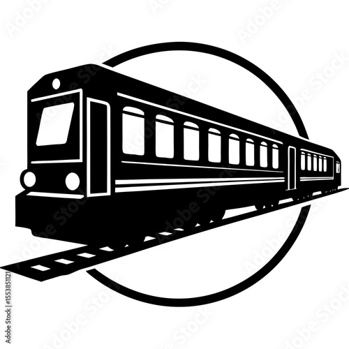 Black silhouette of a modern passenger train on railway tracks within a circular frame symbolizing transportation travel commuting rail transit public transport speed and railway infrastructure