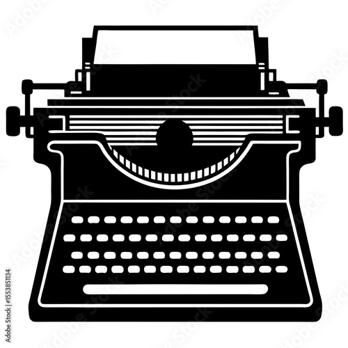 Black silhouette of a vintage typewriter with paper sheet symbolizing writing literature journalism retro communication office tools classic technology authorship and publishing industry concepts