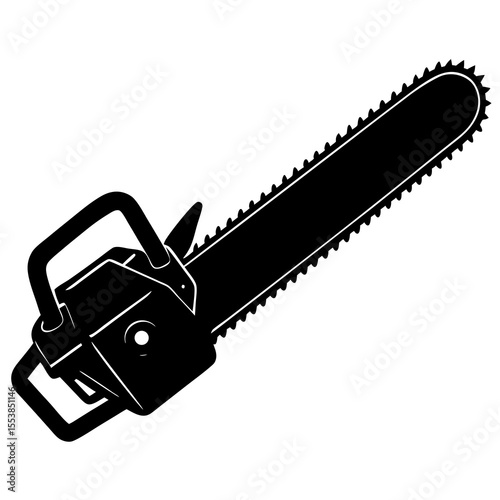 Black silhouette of a chainsaw with detailed blade teeth and ergonomic handle representing power tools forestry equipment wood cutting logging construction danger and industrial machinery concepts