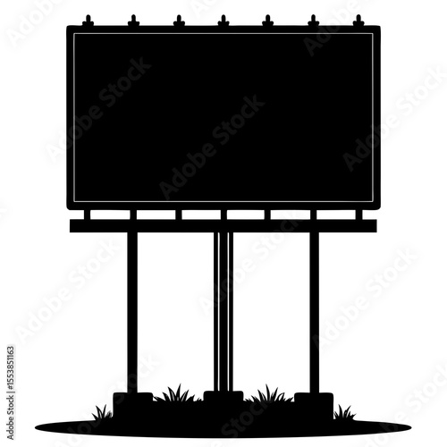 Black silhouette of empty outdoor advertising billboard on multiple support poles with lighting fixtures isolated on white background ideal for marketing promotion signage branding and advertisement