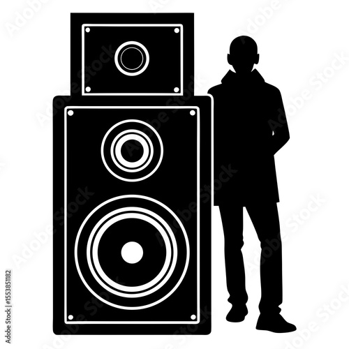 Silhouette of a person standing beside large stacked audio speakers symbolizing music sound entertainment party DJ setup live concert bass volume sound system and modern music culture concept