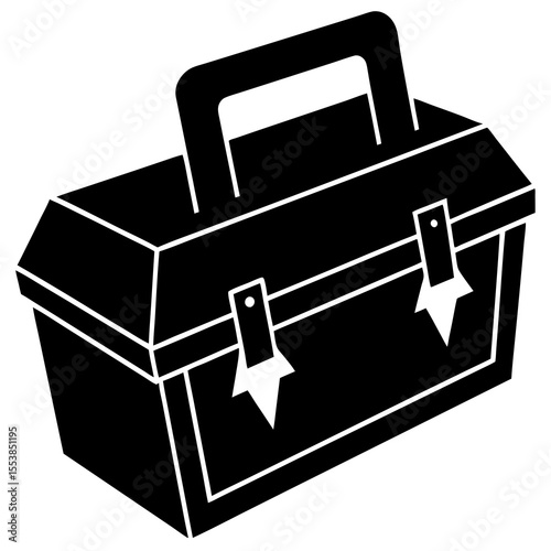 Black and White Toolbox Silhouette Icon with Handle and Latches for Hardware, Construction, Maintenance, DIY Home Repair, Mechanic Equipment, and Industrial Tools Vector Design Illustration