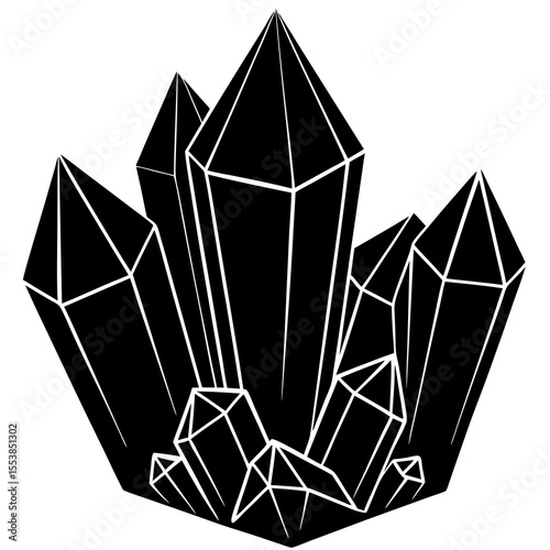 Vector Illustration of Geometric Crystal Cluster in Black and White Line Art Style Featuring Sharp Facets and Polygonal Shapes for Spiritual Designs, Gemstone Icons, or Abstract Nature Concepts