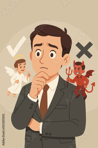 Businessman with angel and devil on shoulders contemplating an ethical dilemma. Concept of moral choice, inner conflict, and making a decision between right and wrong, good and evil.