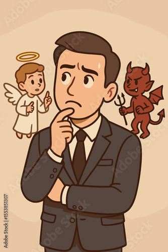 Businessman with angel and devil on shoulders contemplating an ethical decision. Concept of moral choice between good and evil, right and wrong. Inner conflict and dilemma vector.