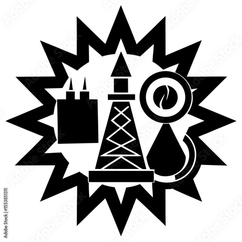 Black silhouette of oil industry icons including refinery tower, fuel drop, gear, and power plant with explosive burst background perfect for energy production fossil fuel and industrial themed design