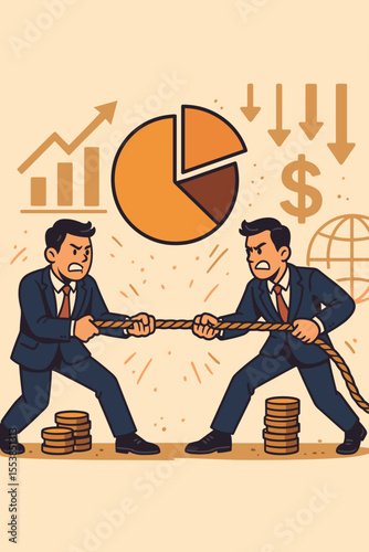 Businessmen in a tug of war competing for market share. Metaphor for corporate rivalry, investment conflict, and trade war. Struggle for financial dominance and economic benefits.